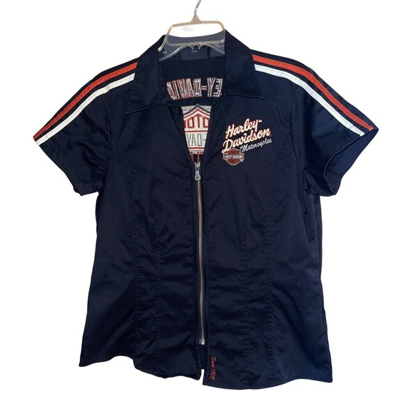 Harley Davidson Womens Shirt Size Large Black Zip Front Collared Casual - Picture 7 of 8